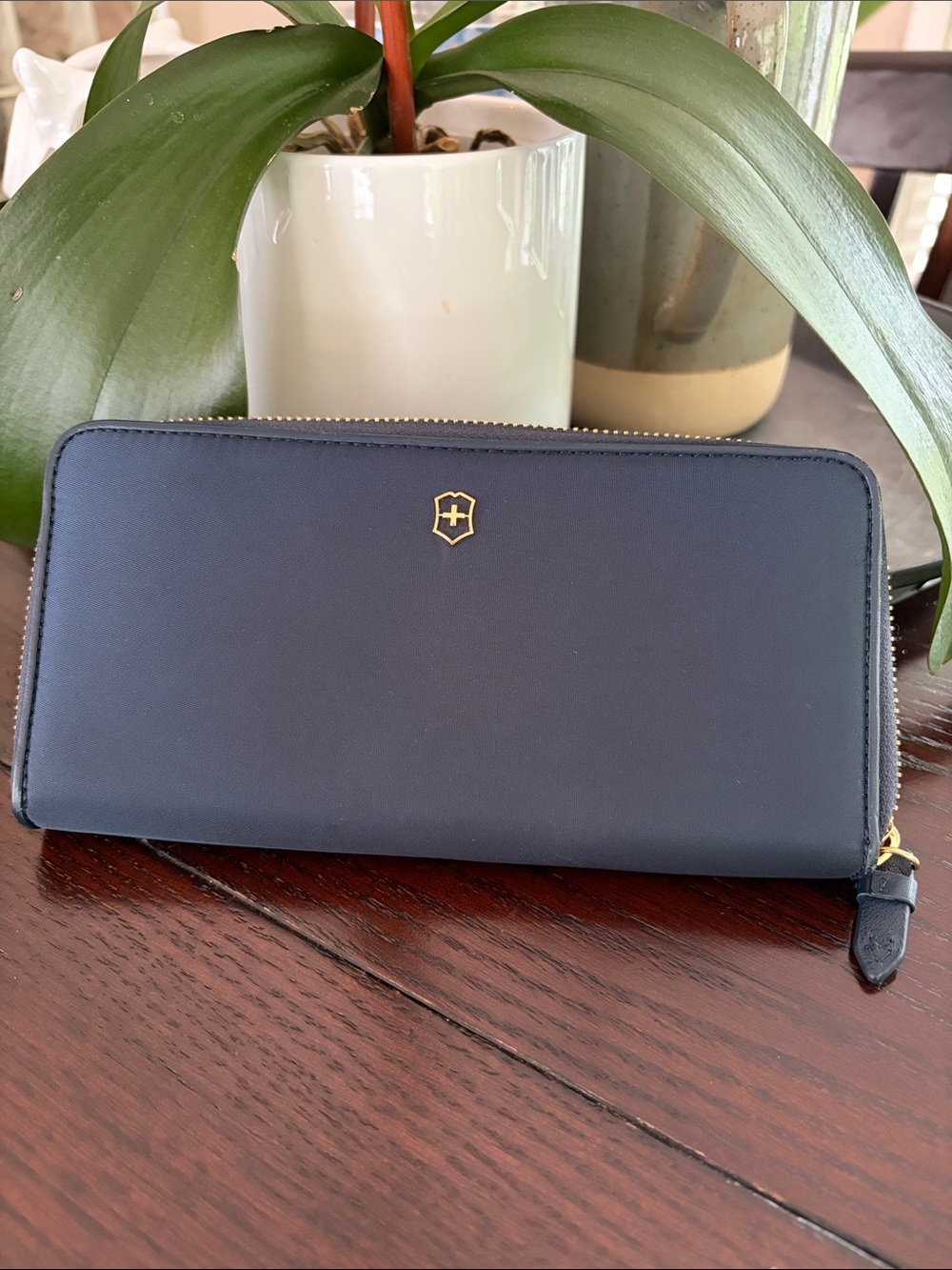 Victorinox Navy Zip-Around Wallet with Gold Accents